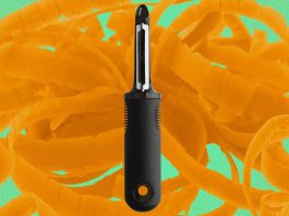 OXO peeler with peeled carrots in background